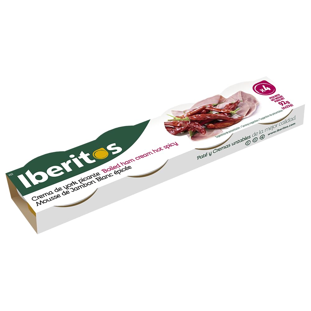 Iberitos - Crema Untable de Jamón de York Picante - Ideal para Untar Tostadas, Pan y Crackers - Ingredientes Selectos - Sin Gluten - Producto Fabricado en España - 16 Packs de 4 x 23 Gramos