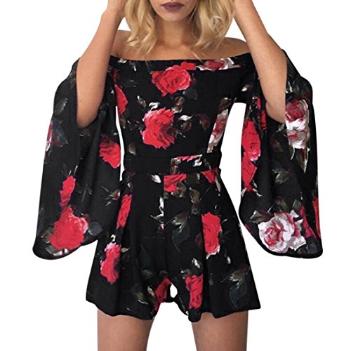 Fheaven Women's Casual Beach Floral Short Flare Sleeves Jumpsuit Clubwear Bodycon Shorts Playsuit Romper (L, Black)
