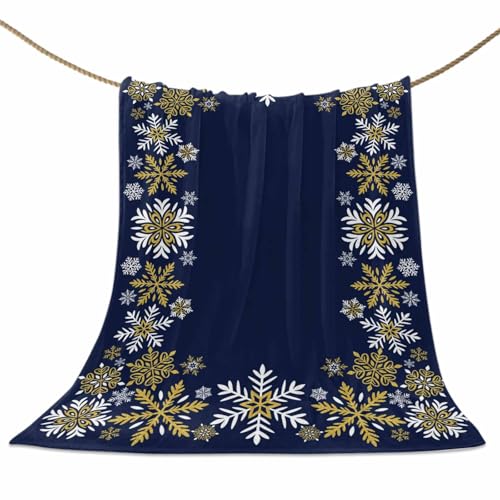 Gold White Snowflakes Christmas Throw Blankets, Winter Xmas Holiday Soft Fleece Blanket Decorative for Home Sofa Couch Chair Living Bedroom,60x80 Inches, Navy Blue