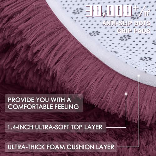 OLANLY Burgundy Round Rugs for Bedroom - Machine Washable, 3 ft Circle Area Rugs for Living Room, Soft and Fluffy Shaggy Carpet for Teen Girls and Boys, Nursery Rooms, Dorms, Home Decor Aesthetic