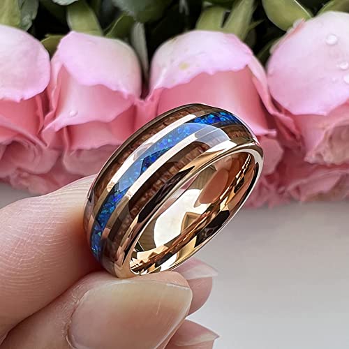 8mm Silver/Black/Gunmetal/Rose Gold Tungsten Rings for Men Women Engagement Wedding Bands Koa Wood Blue Opal Inlay Domed I Love You Engraved Comfort Fit4