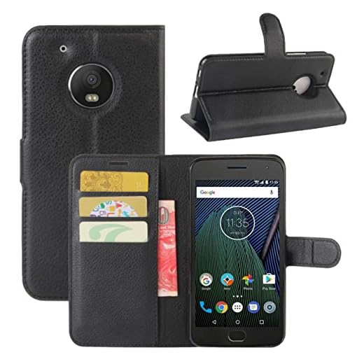 HualuBro Moto G5 Plus fodral, premium PU-läder plånbok flip telefon skyddande fodral skydd med kortplatser för Lenovo Motorola Moto G5 Plus smartphone, stående fodral, Wallet Black