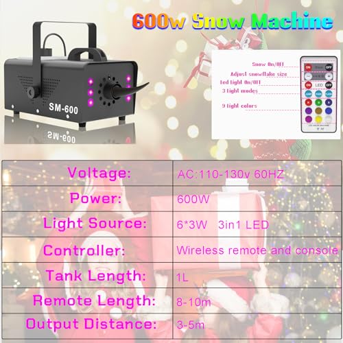 snow machine with led lights 600w remote control perfect for parties indoor christmas wedding stage effecta-600w