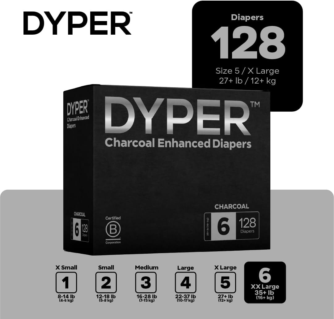 DYPER - Charcoal Enhanced Day & Overnight Disposable Baby Diapers - Made with Plant-Based* & Skin-Friendly Ingredients, Hypoallergenic for Sensitive Skin - Size 6, (128 Count)