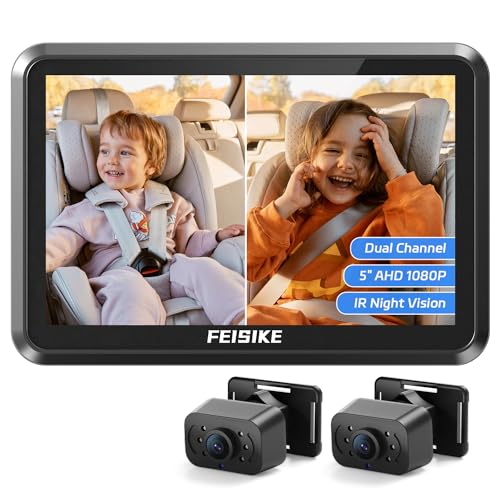 Image of FEISIKE Baby Car Camera, 1080P Dual-Channel 5 inch Display Baby Car Mirror with 2 IR Night Vision Camera, Easily Install Car Camera for Baby with Crystal Clear Wide View for Rear Facing Seat