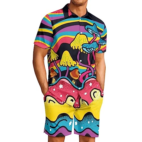 Coloranimal Men's Button Down Shirt and Shorts Set of 2 Piece Summer Tracksuits Short Sleeve Casual T Shirt S-3XL