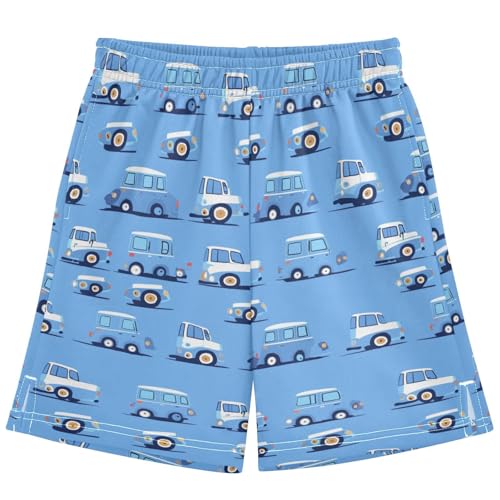 Boys Athletic Shorts with Pockets Blue Car Running Basketball Shorts for Youth Elastic Waist Size 7-8