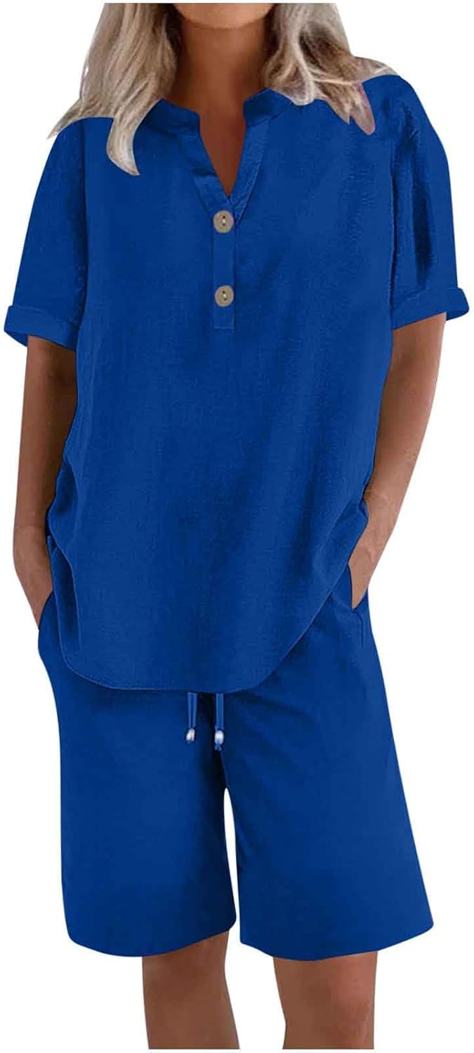 HGps8w Women's Summer 2 Piece Linen Sets Loose Button V Neck Short Sleeve Tunic Top Matching Shorts Lounge Travel Outfits