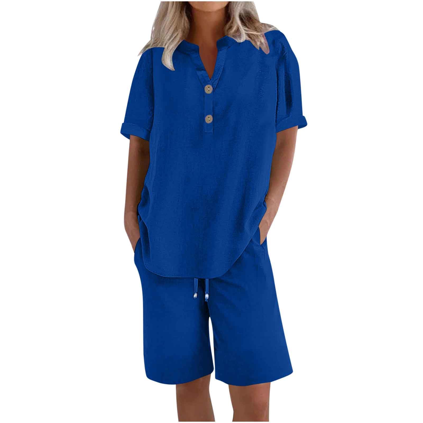 Set di mussola da donna, elegante camicetta in lino e vita elasticizzata, pantaloncini estivi, 2 pezzi, in cotone, lino, oversize, per il tempo libero, a maniche corte, 2 pezzi