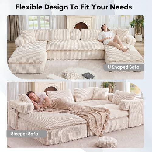 Image of Oversized Cloud Boneless Couch with Chaise, 149 inch Modern U Shape Modular Deep Seat Sectional Sofa, Comfy Corduroy Upholstered Couches for Living Room, No Assembly Required, Beige White
