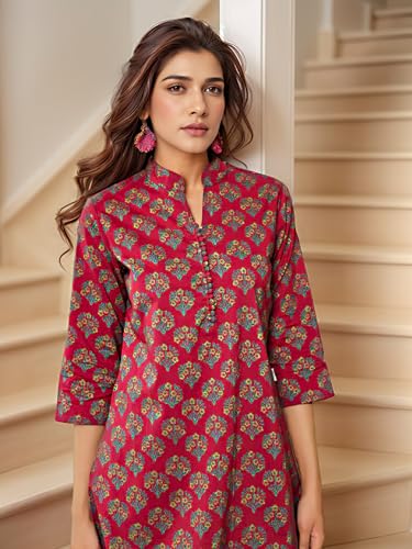Image of NAINVISH Women's Floral Rayon Blend Co-ord Set | Straight Mandarin Collar Full Sleeve Top & Pant | Elegant Maroon, Blue Style | Ideal for Casual, Lunch, Evening Outings | Ladies Matching Outfit