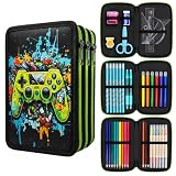 Mowtential Estuche Escolar Gamer con 41 Piezas, Cartuchera Escolar con Material Escolar, Triple Cremallera, Estuche Grande para Colegio, Regalo Vuelta al Cole,Diseño Mando Videojuego Negro Verde