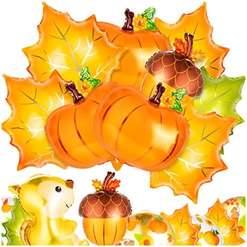 14 Pcs Fall Balloons, Large Thanksgiving Mylar Foil Balloons, Maple Leaf Squirrel Pine Cones Pumpkin Balloons for Party Decoration Supplies
