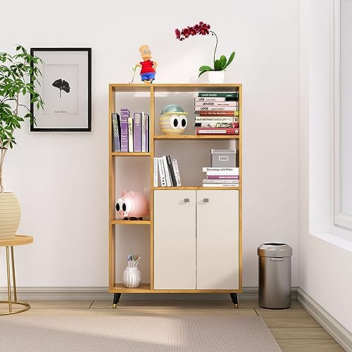 Image of Bniture Bookshelf for Home with 2 Door & 5 Open Shelf | Engineered Wood Book Shelf for Home Display Rack | Multipurpose Bookcase Organizer for Living Room, Bedroom & Office | Giant Wood & Frosty White
