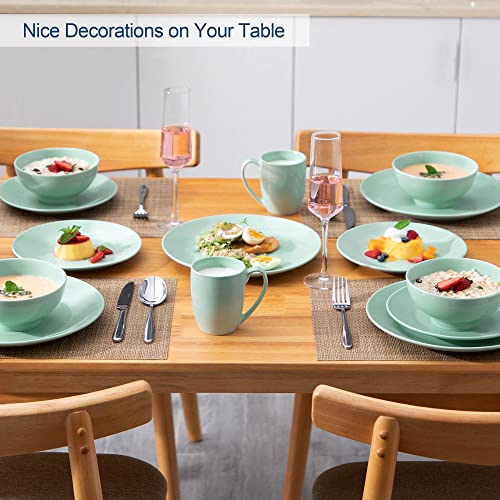 Round Dinnerware Set For 4, 16-Piece Green Dishes Dinnerware Sets, Lovecasa Ceramic Dishes Set With Dinner Plates, Dessert Plates, Bowls And Mugs, Microwave Dishwasher Safe, Light Green #TOP6