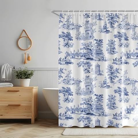 LOVOUS Vintage French Toile de Jouy Shower Curtain, Blue and White Fabric Shower Curtains for Bathroom, 72x72 Farmhouse French Countryside Curtain with 12 Hooks Home Bath Decor Cover
