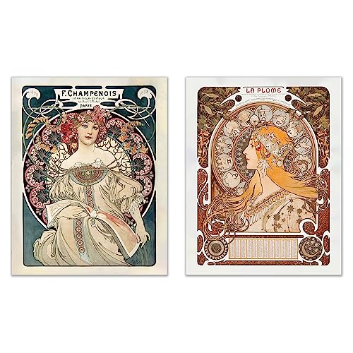 Décoration murale vintage Alphonse Mucha lot de 2 affiches Art Nouveau et Art Déco