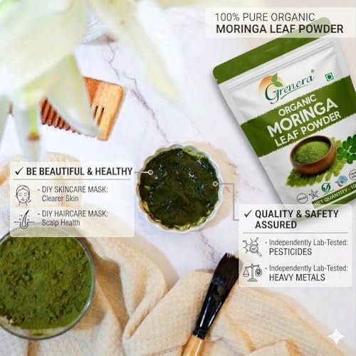 Image of Grenera Organic Moringa Powder 100g, Moringa Leaf Powder (Sahjan /Drumstick), Certified Organic, Pure Shigru Powder