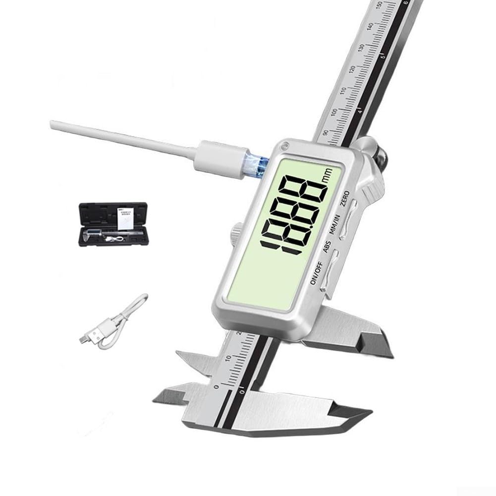 Calibro a corsoio digitale ricaricabile da 150 mm, in acciaio inox, interfaccia USB-C per misurazione di precisione (E)