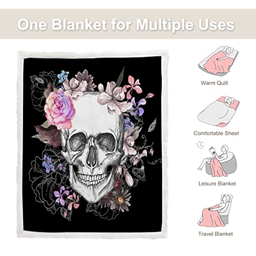 Sleepwish Sugar Skull Blanket Fleece Skull Throw Blanket Black Pink Skull Flower Rose Blanket For Women Girl Skull Fuzzy Sherpa Plush Blanket For Bed Couch Sofa Chair Office (50"X 60") #TOP5