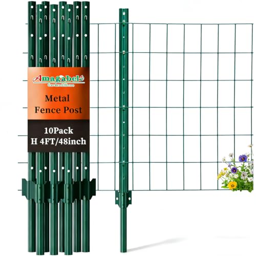 Amagabeli Heavy Duty Metal Fence Posts 4 Feet 10 Pack No Dig Garden U Post Stakes for Wire Fence Temporary Fencing Electric Fence Wire Safety Fence Mesh Fence Garden Fencing T Post for Yard Green