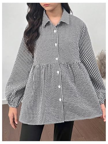 SweatyRocks Girl's Ruffle Peplum Blouses Plaid Long Sleeve Button Down Shirts3