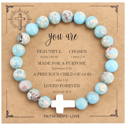 VIBILIA Cross Beaded Bracelets for Women, Inspirational Natural Gemstone Heart Bracelets for Women, Birthday Gifts for Women Mom Daughter Wife Sister Coworker Friend on Christmas Thanksgiving