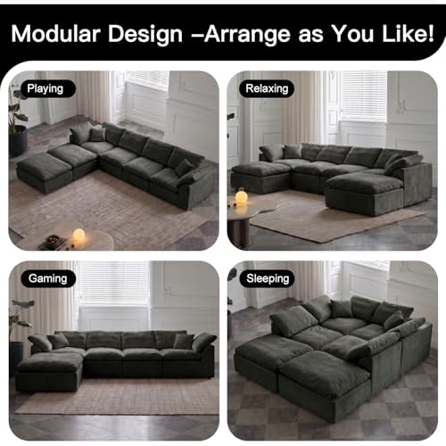 Image of Cloud Couch Sectional for Living Room, Modular U Shaped Boneless Sofa with Chaise, Compressed No Assembly Couch, Deep Seat Chenille Upholstered Convertible Sofa Bed(Jet Black)