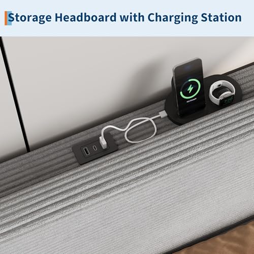 Image of GarveeLife Corduroy Upholstered Platform Bed Frame with USB Charging Station, Adjustable Storage Headboard, Wooden Slat Support, No Box Spring Needed, Easy Assembly, Queen Light Gray