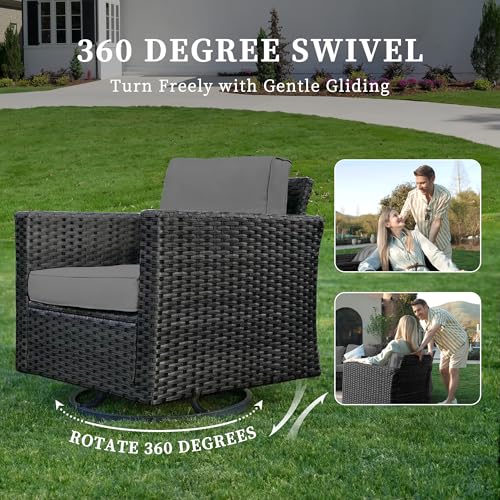 Image of UDPATIO Patio Furniture Set with Fire Pit Table, Rocking Swivel Chairs, 5 Pieces Outdoor Furniture Sets, All-Weather Wicker Outdoor Sectional Sofa with Waterproof Cover, 4'' Thickened Cushion, Grey