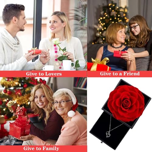 Image of FINALIZE Rose Flower with Heart Necklace, Gift for Wife, Girlfriend, Fiancee On Valentines Day Birthday Wedding Anniversary, Necklace with Rose Flower Box Bag Gift Card (Silver Heart - Red Rose)