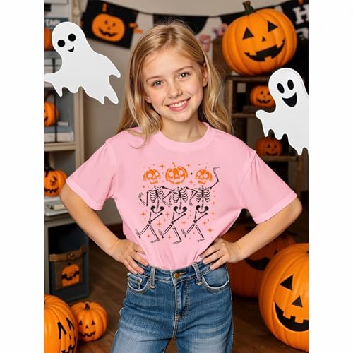 BOUTIKOME Kid Girls Halloween T-Shirt Dancing Skeletons Pumpkin Graphic Shirts Spooky Season Tees Short Sleeve Fall Tops2