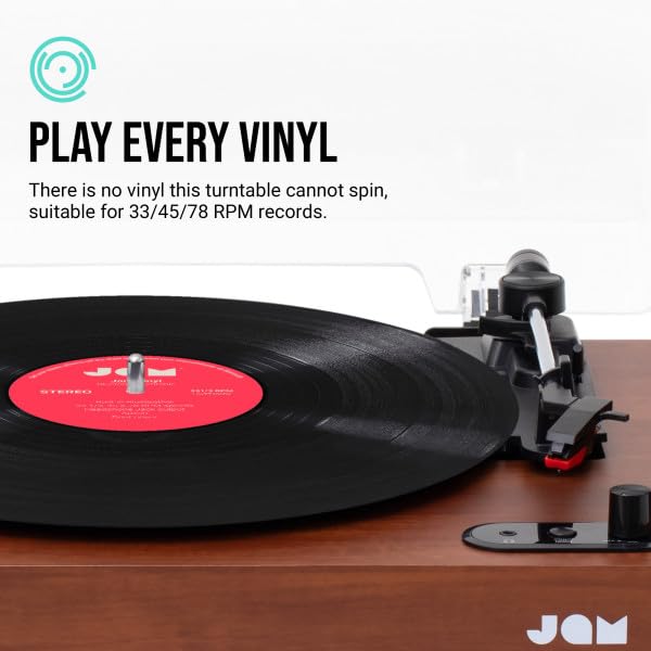 JAM Gramofon z głośnikami – gramofon Bluetooth z głośnikami regałowymi, 3-Speed odtwarzacz winylowy z ochroną przed kurzem, wstępnie ustawionym ramieniem dźwiękowym, w zestawie środek czyszczący do