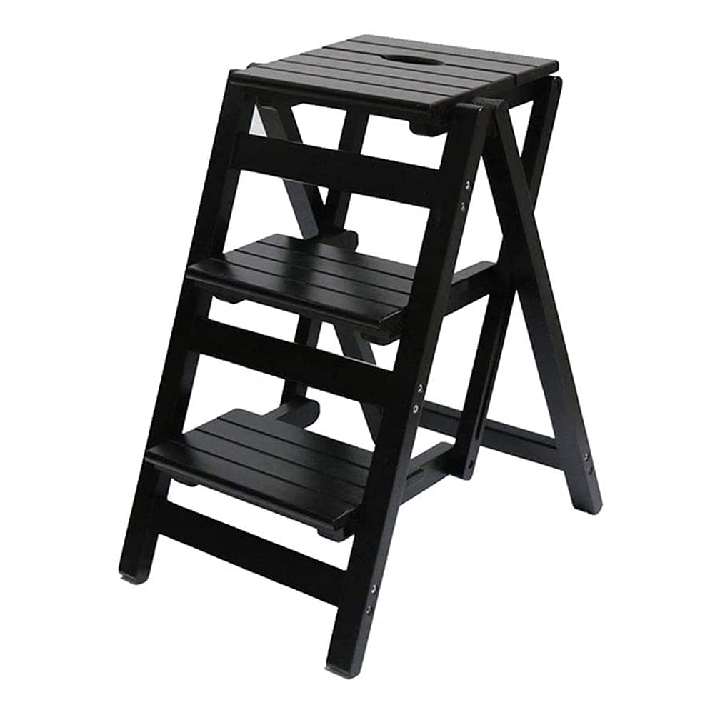 Solid Wood Folding Step Ladder Stool with Multi Layer Design Portable and Multi Functional Utility Chair Seat Non Slip Foot Cover Included(Black,3 Steps)