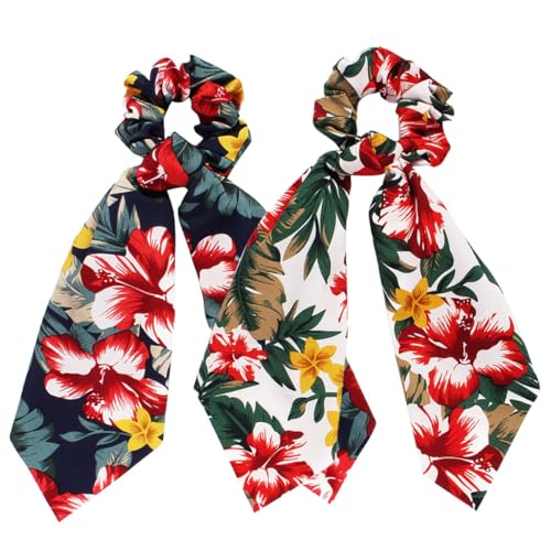 NOLITOY 2 Coleteros Elásticos Estilo Hawaiano Estampado Floral Banda Cabello Lazo 2 Piezas Azul Marino y Blanco Accesorios Decorativos para Mujer en Fiestas y Uso Diario