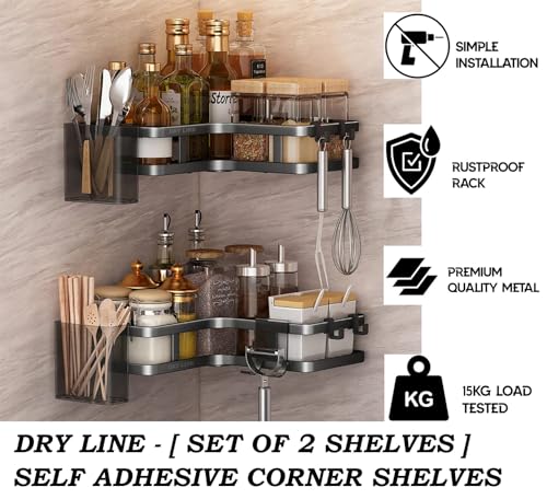 Image of DRY LINE Self Adhesive Corner Shelf for Bathroom Multipurpose wall Shelves for Kitchen /Home (Set of 2) with Magic Sticker No Drilling Rack Black Basic Organizer with Attachments