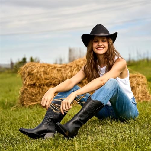 Mostrin Cowgirl Cowboy Boots Square Toe Mid-Calf Boot Chunky Block Heeled Pull On Western Boot4