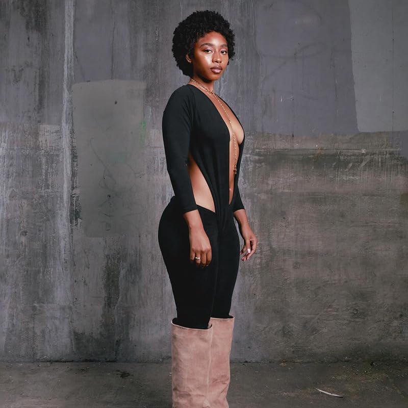 Womens Sexy Jumpsuit Solid Color Deep V Neck Long Sleeve Romper Y2K Stretchy Bodycon Hollow Out Party Club Outfit - Image 7