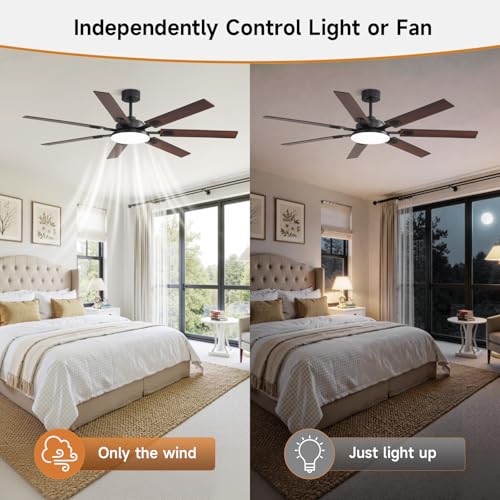 Image of 64 Inch Ceiling Fans with Lights and Remote, Bedroom Living Room Office Library Cafe Outdoor Industrial, 5CCT Dimmable, Dual Color 7 Blades, 6 Speed Reversible Quiet DC Motor, Black /Wood Grain