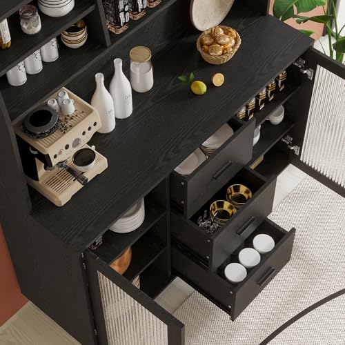 VOWNER Kitchen Hutch Storage Cabinet, Modern Kitchen Pantry with Glass Doors and 3 Drawers, Freestanding Cupboard Sideboard Buffet Cabinet for Dinning Room, Living Room (Black) - Thumbnail 7