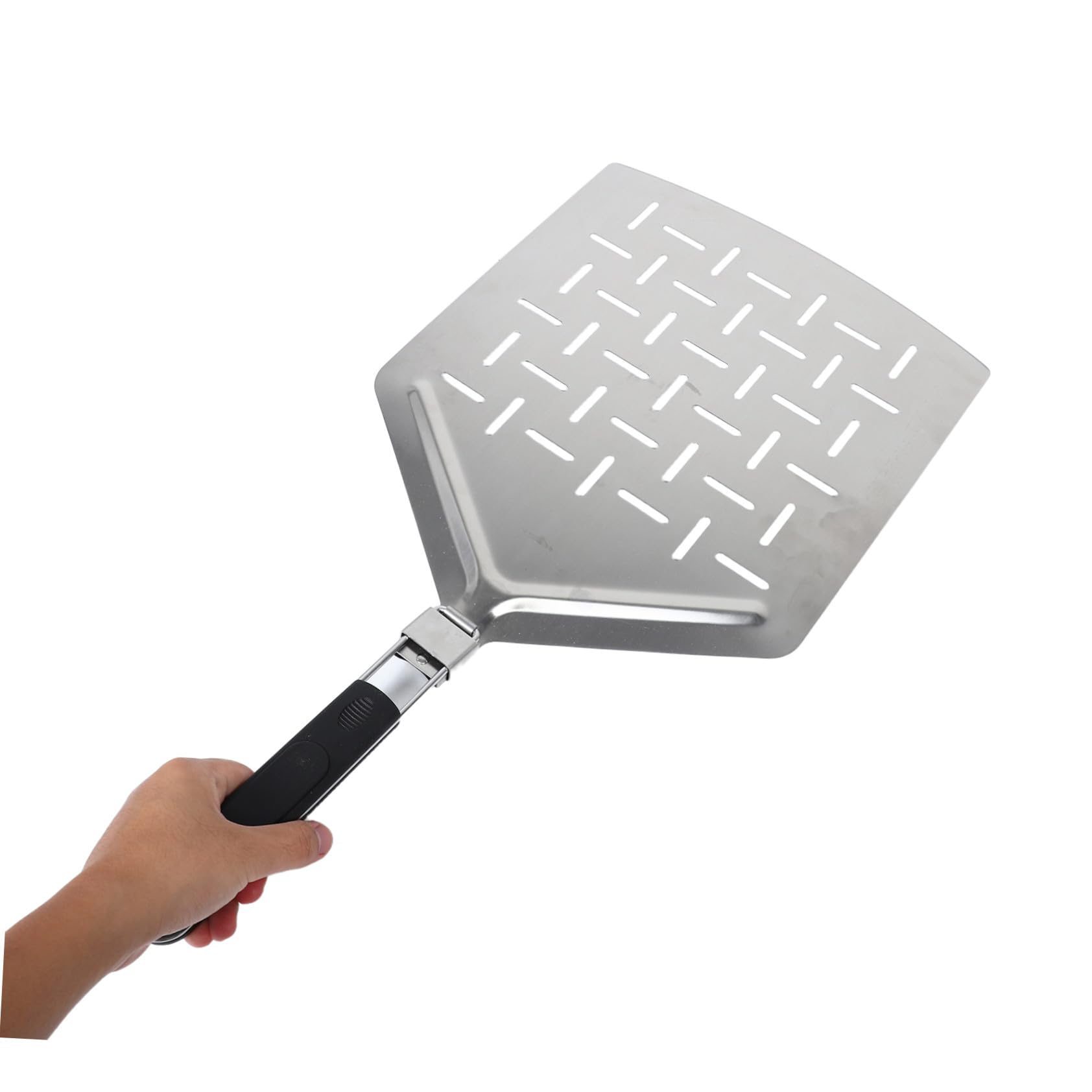SOLUSTRE Faltbarer Pizzaschieber aus Edelstahl Perforierter Pizzaspatel mit Klappbarem Griff 33cm Rutschfest für Selbstgemachte Pizza Backofen und Grillzubehör