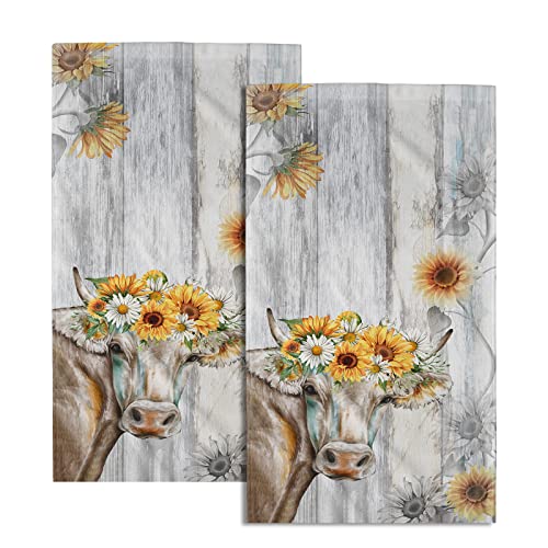 Vintage Sunflower Hand Towel Set of 2 Farm Cow Face Towels Cotton Soft Absorbent Kitchen Dishcloth Washcloths for Bathroom Home Gym