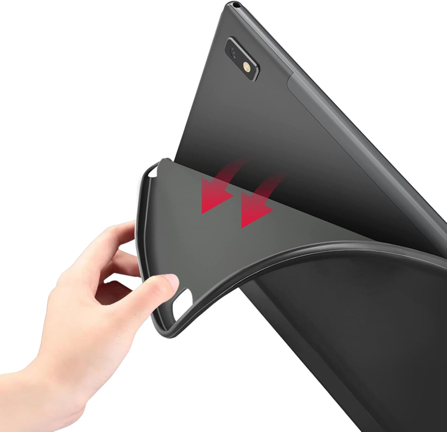 A hand gently pressing a PlimPad P2 tablet into the Plimpton protective case, illustrating the installation process.