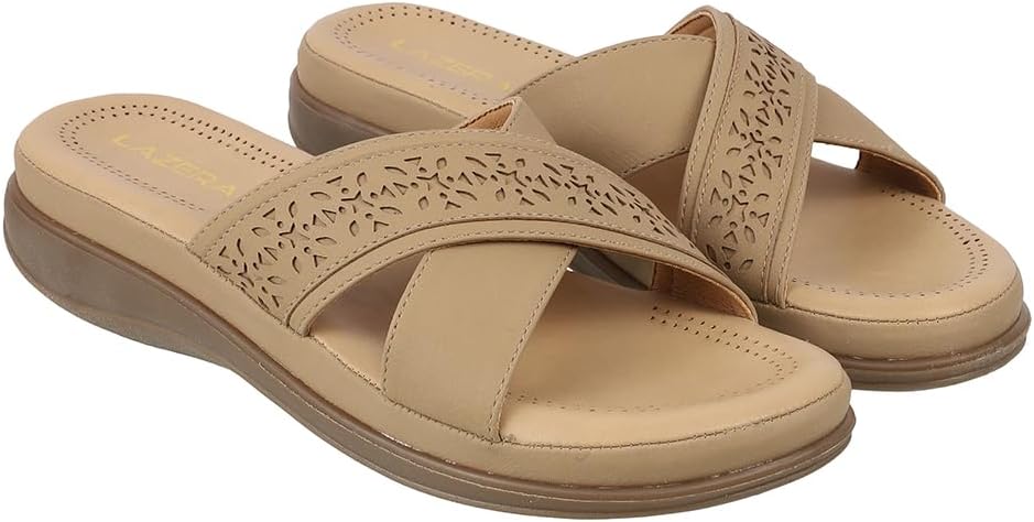 Women's Flats Slip-On Chappals | Comfortable Lightweight Sandal | Laser-Cut Criss-Cross Strap Design | Beige/Chikoo