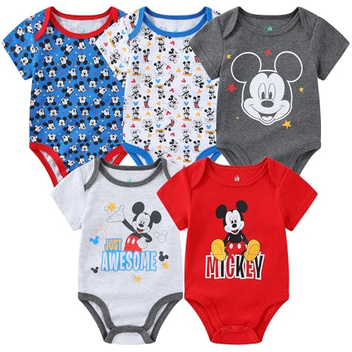 Image of Disney Mickey Mouse, Lion King, and Winnie the Pooh Baby Boys 5 Pack Bodysuits for Newborn and Infants