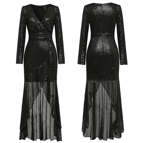 Women's Long Sequin Formal Dresses Long-Sleeve Cocktail Wedding Guest Dresses Elegant V Neck Party Gowns4