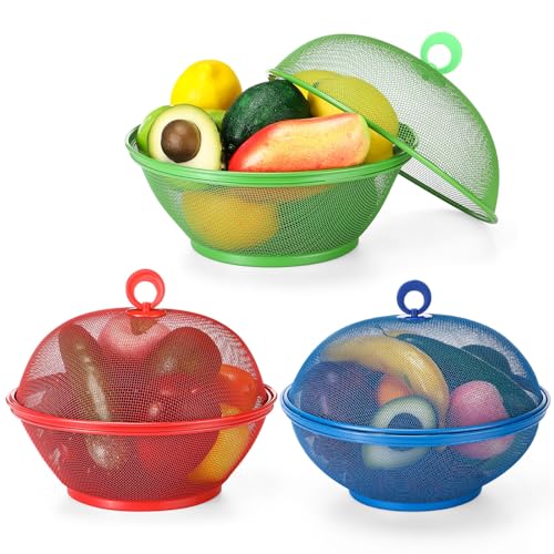 Havawish 3 cestas de frutas de malla de verano con tapa, soporte protector de frutas de 10 pulgadas, cuenco de frutas con tapa, soporte de malla de alambre de metal, colador para verduras, alimentos,