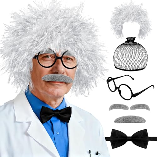 7Pcs Old Man Mad Scientist Wig Set Crazy Physicist Wigs Costume Grandpa Cosplay Props for Kids 100th Day of School Halloween Dress up Accessories Hair Net Eyebrows Mustache Glasses Frame Bow Tie