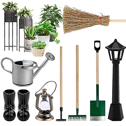 AVCXEC Miniatur Puppenhaus Set Gartengeräte, 1:12 Miniatur Gartengeräte Deko, Gartengeräte Miniaturgarten mit Kehrbesen Spaten Stößel Rechen Straßenlampe Öllampe Gummistiefel für Miniatur Deko Cover