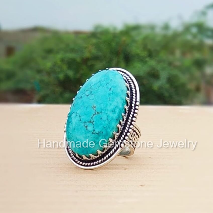 Exquisite 925 Sterling Silver Handmade Oval Turquoise Gemstone Statement Ring - The Turquoise Gift For Her